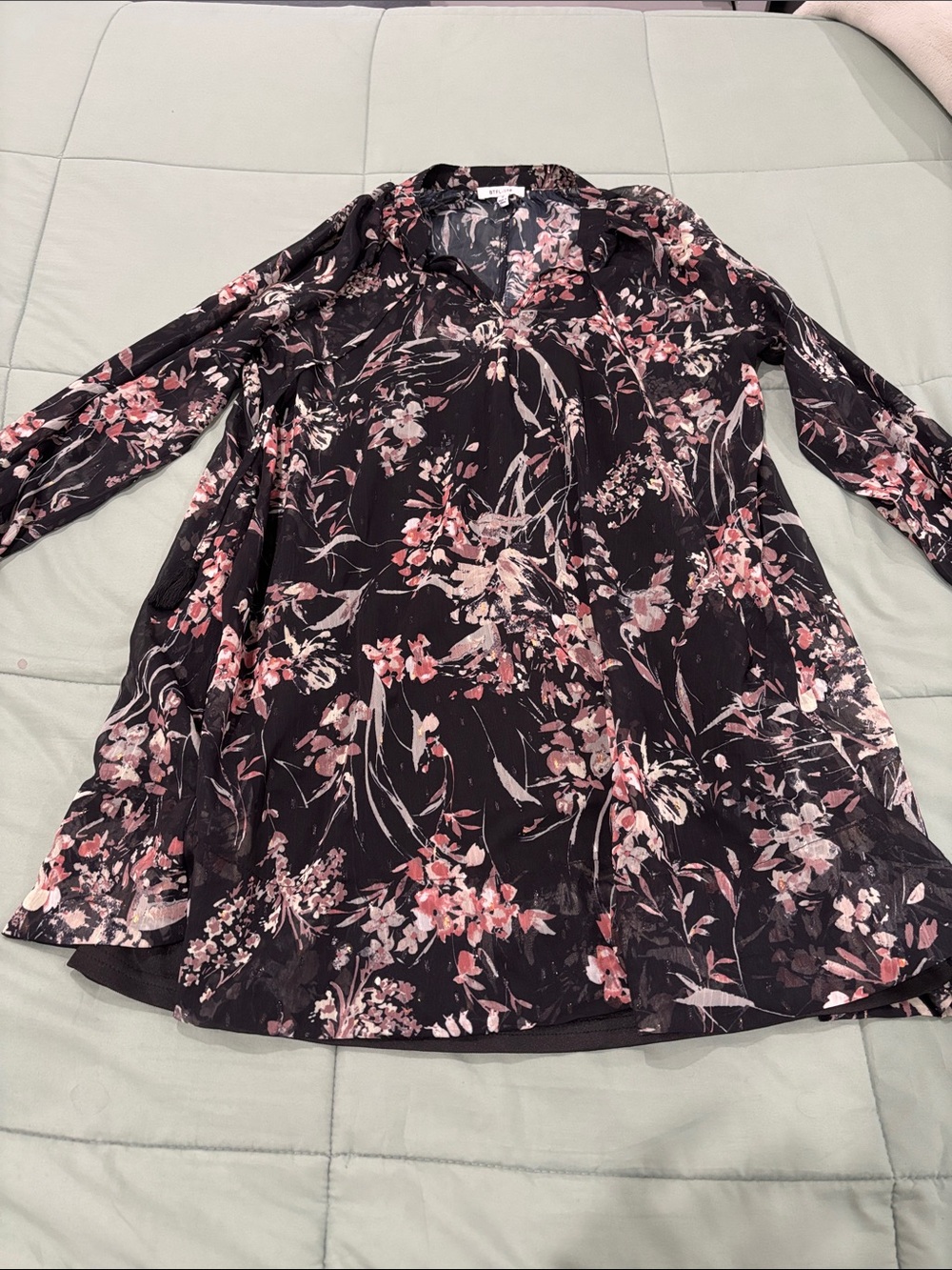 Lulu’s Floral Print Black and Pink Long-Sleeve Tulle Dress with Black Slip